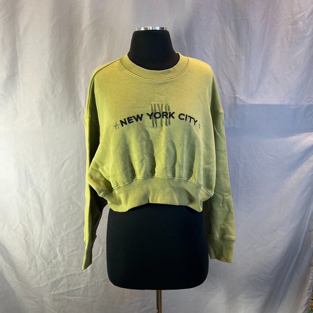 Forever 21 Crop Sweatshirt Womens S Olive Green Cotton New York City Embroidered